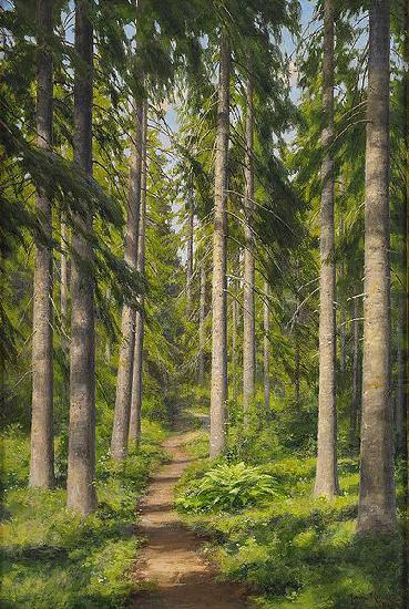 johan krouthen Sunlit forest path oil painting picture